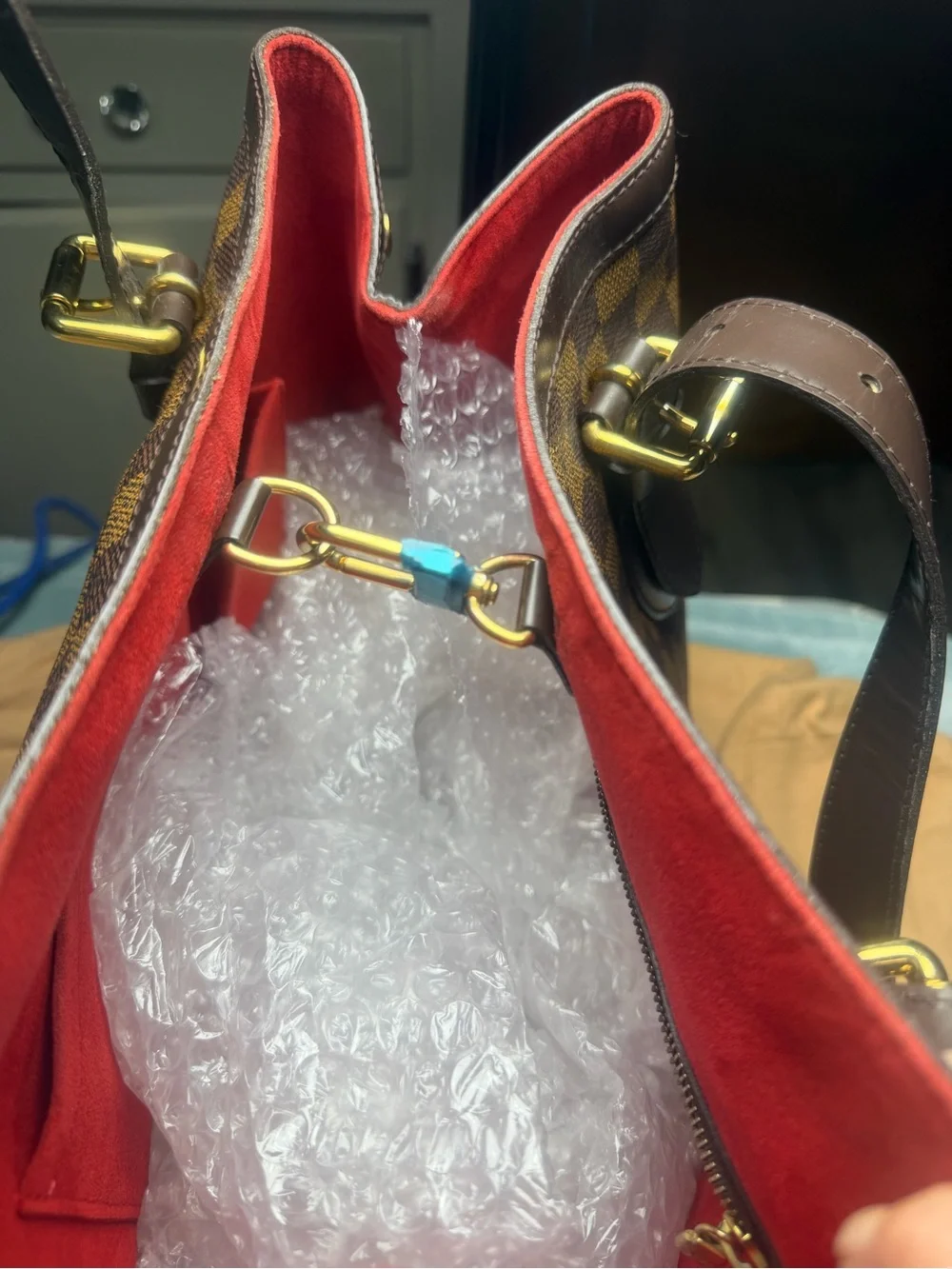 Louis Vuitton Brown Damier Shoulder Bag with Red Interior